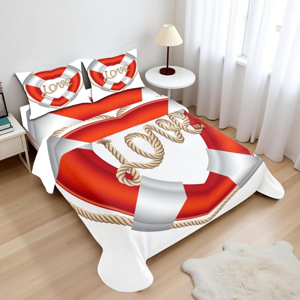 imageAmbesonne Coastal Sheet Set Heart Shaped Belt Valentine Love Affection Honeymoon Romantic Theme Art Fitted and Flat Sheet with Pillowcases Bedding Accent 4 Piece Set Queen Orange White Cream