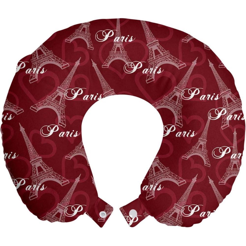 imageAmbesonne Eiffel Travel Pillow Neck Rest Romantic Valentines Day Eiffel Tower City of Love Doodle Style Heart Shapes Memory Foam Traveling Accessory for Airplane and Car 12 Maroon WhiteMaroon White