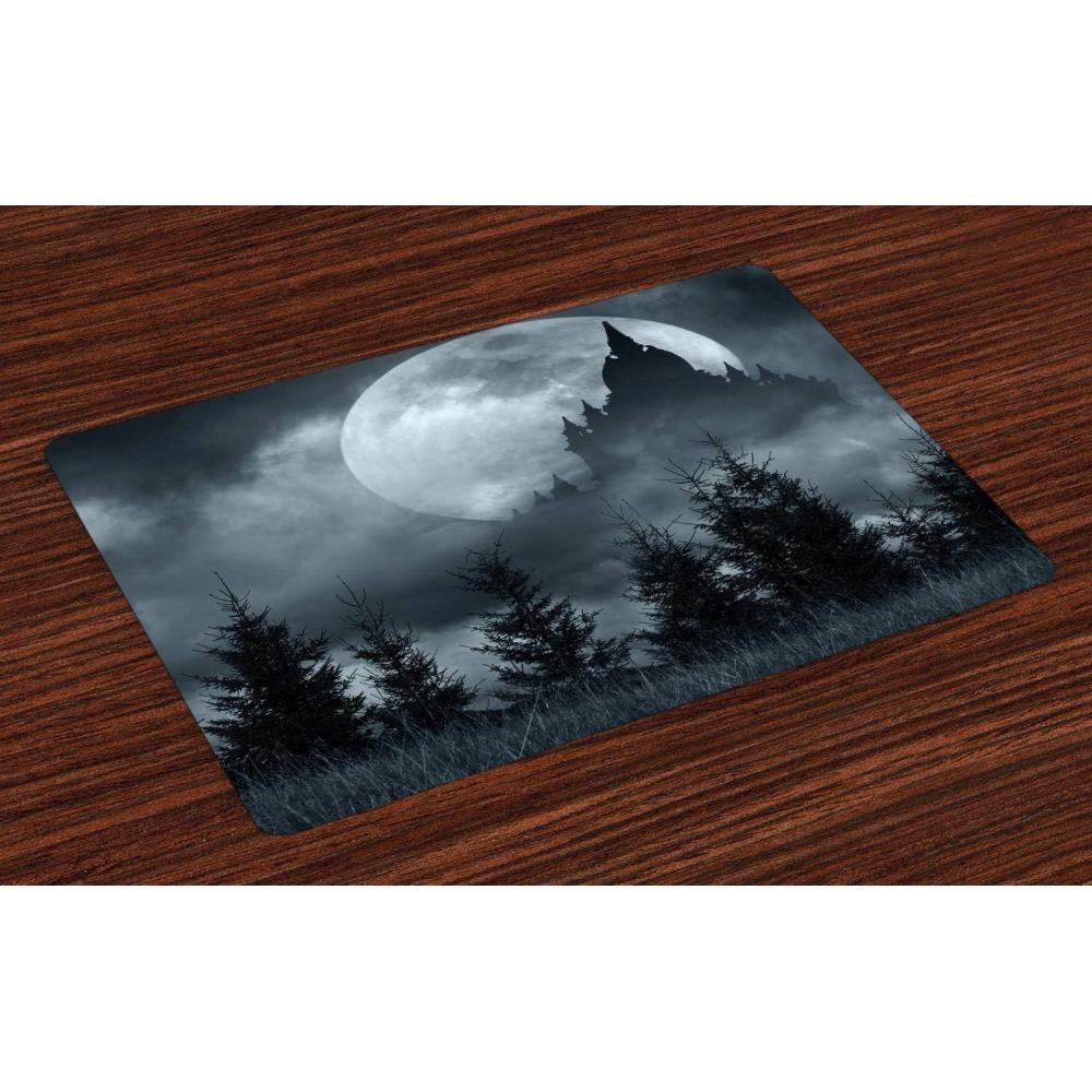 imageAmbesonne Halloween Place Mats Set of 4 Magic Castle Silhouette Over Full Moon Night Fantasy Landscape Scary Forest Washable Fabric Placemats for Dining Table Standard Size Pale Grey