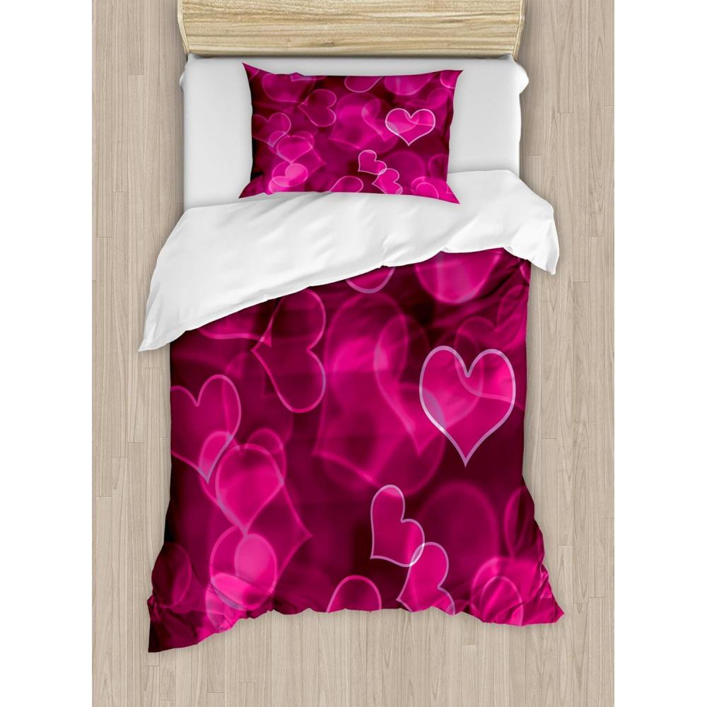 imageAmbesonne Hot Pink Duvet Cover Set Heart Shapes on Blurry Background Romantic Valentines Day Design Decorative 2 Piece Bedding Set with 1 Pillow Sham Twin Size Magenta Pink