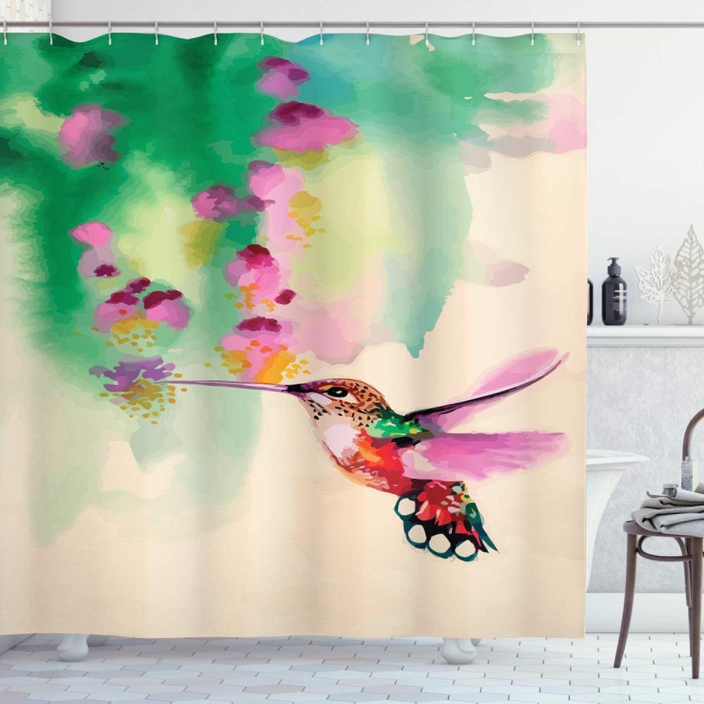 imageAmbesonne Hummingbird Shower Curtain Art with Colibri Bird and Flowers Romantic Springtime Tropics Nature Theme Cloth Fabric Bathroom Decor Set with Hooks 69 W x 70 L Fuchsia Green69W x 84L Pack of 1