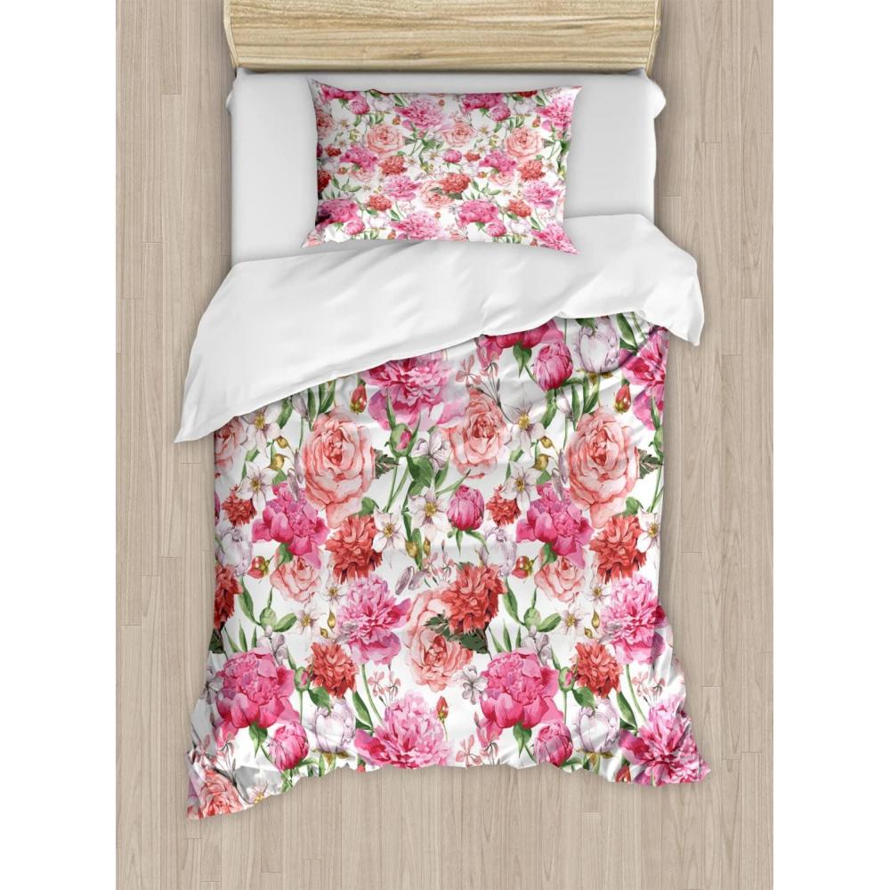 imageAmbesonne Love Duvet Cover Set Valentines Day Words with Hearts Frame on Vertical Lines Romantic Calligraphy Decorative 2 Piece Bedding Set with 1 Pillow Sham Twin Size Pink Red BlushWhite Pink Blush