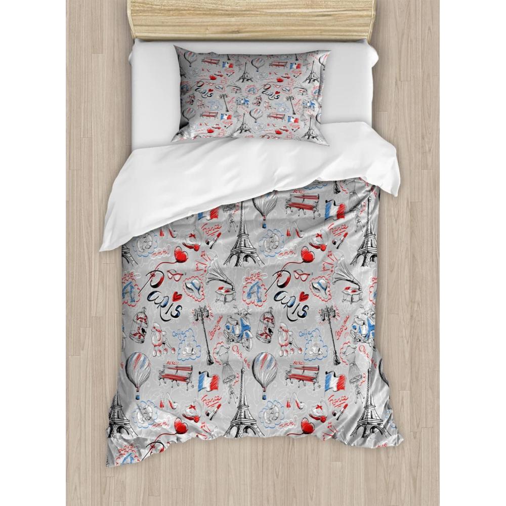 imageAmbesonne Love Duvet Cover Set Valentines Day Words with Hearts Frame on Vertical Lines Romantic Calligraphy Decorative 2 Piece Bedding Set with 1 Pillow Sham Twin Size Pink Red BlushGrey Red