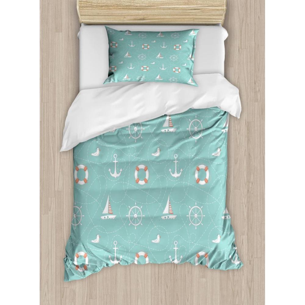 imageAmbesonne Love Duvet Cover Set Valentines Day Words with Hearts Frame on Vertical Lines Romantic Calligraphy Decorative 2 Piece Bedding Set with 1 Pillow Sham Twin Size Pink Red BlushSeafoam Salmon and White