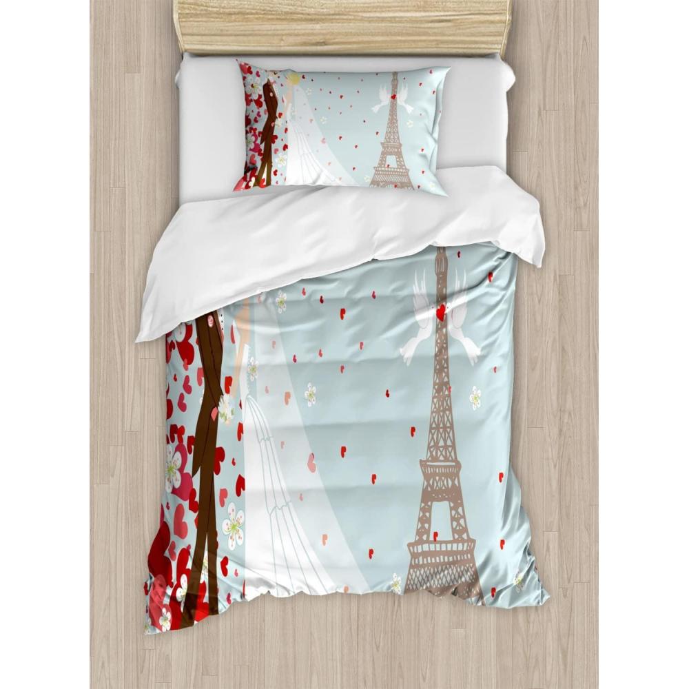 imageAmbesonne Love Duvet Cover Set Valentines Day Words with Hearts Frame on Vertical Lines Romantic Calligraphy Decorative 2 Piece Bedding Set with 1 Pillow Sham Twin Size Pink Red BlushBlue Red White