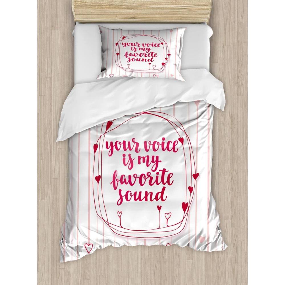 imageAmbesonne Love Duvet Cover Set Valentines Day Words with Hearts Frame on Vertical Lines Romantic Calligraphy Decorative 2 Piece Bedding Set with 1 Pillow Sham Twin Size Pink Red BlushPink Red Blush