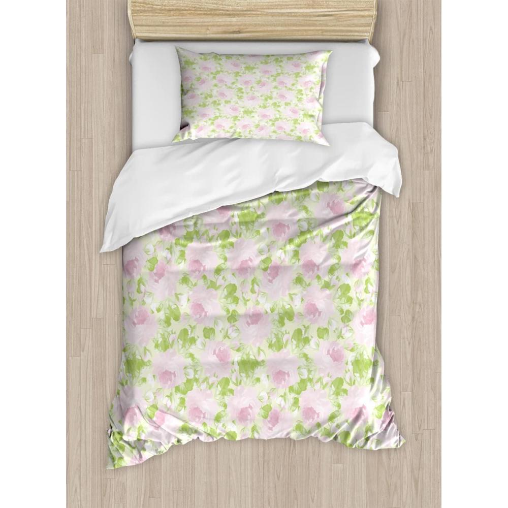 imageAmbesonne Love Duvet Cover Set Valentines Day Words with Hearts Frame on Vertical Lines Romantic Calligraphy Decorative 2 Piece Bedding Set with 1 Pillow Sham Twin Size Pink Red BlushPink Green