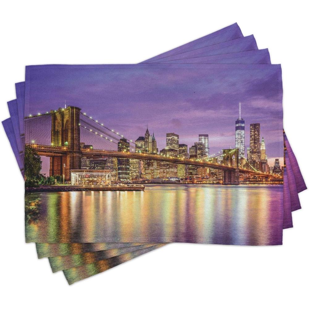 imageAmbesonne New York Place Mats Set of 4 NYC Exquisite Skyline Manhattan Old Neighborhood Tourist Country Print Washable Fabric Placemats for Dining Table Standard Size Purple and YellowPurple Yellow