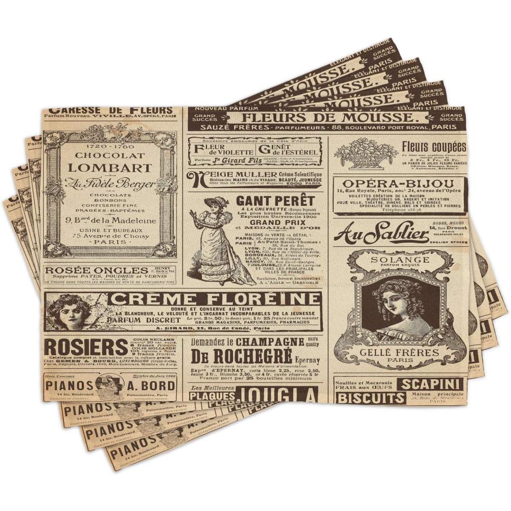 imageAmbesonne Paris Place Mats Set of 4 Vintage Old Historic Newspaper Journal French Paper Lettering Art Design Washable Fabric Placemats for Dining Table Standard Size Brown Caramel
