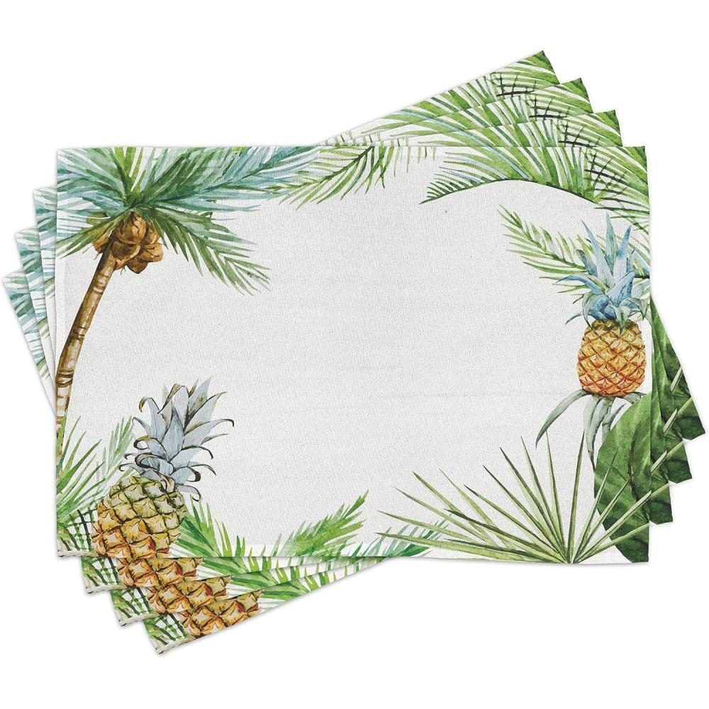 imageAmbesonne Pineapple Place Mats Set of 8 Watercolor Tropical Island Style Border Print Exotic Fruit Palm Trees and Leaves Washable Fabric Placemats for Dining Table Placemat 8 pcs Fern Green White
