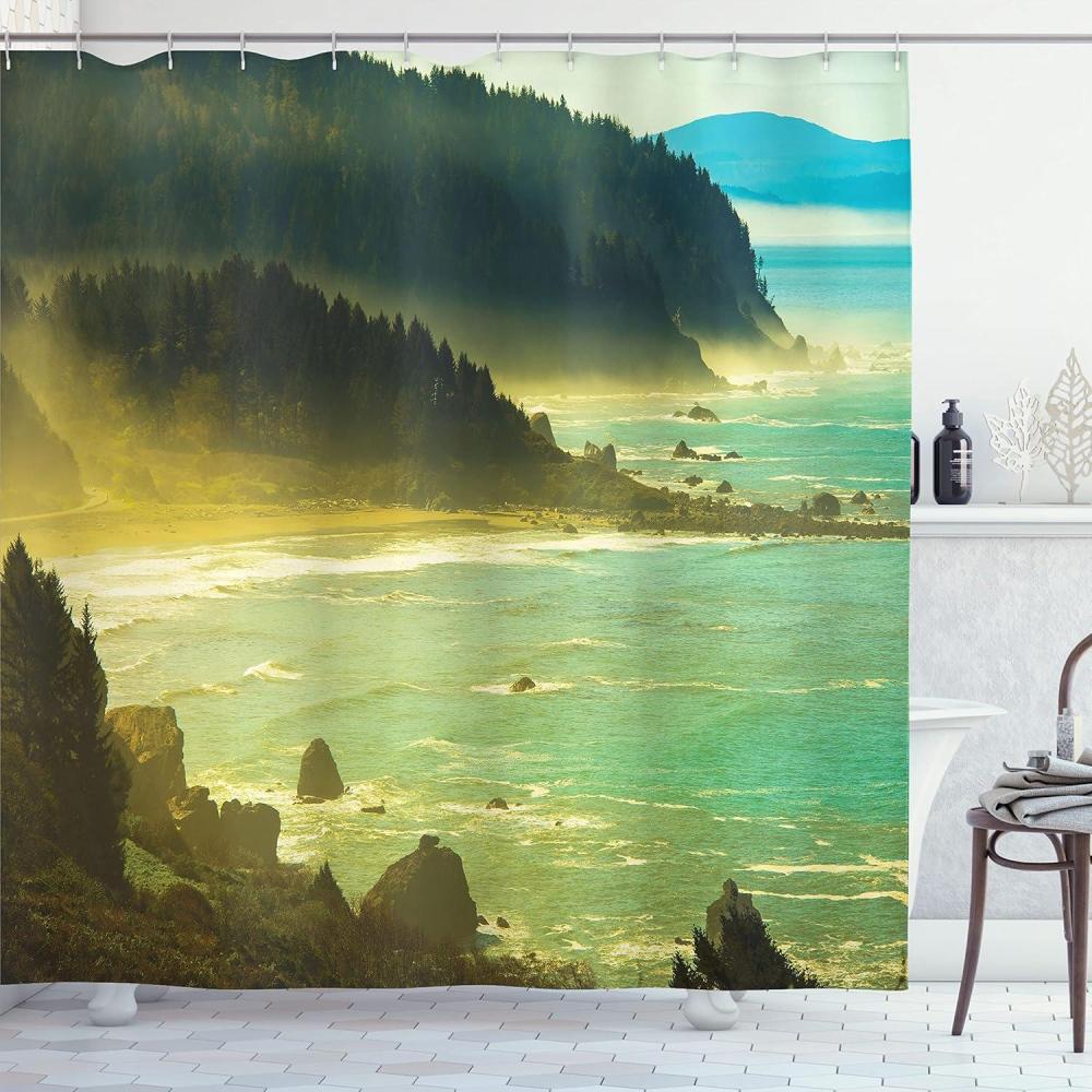 imageAmbesonne Romantic Shower Curtain Couple in Love Walking in The City Streets in Rainy Day Romance Dramatic Urban Scene Cloth Fabric Bathroom Decor Set with Hooks 69 W x 84 L Sepia RedLight Green