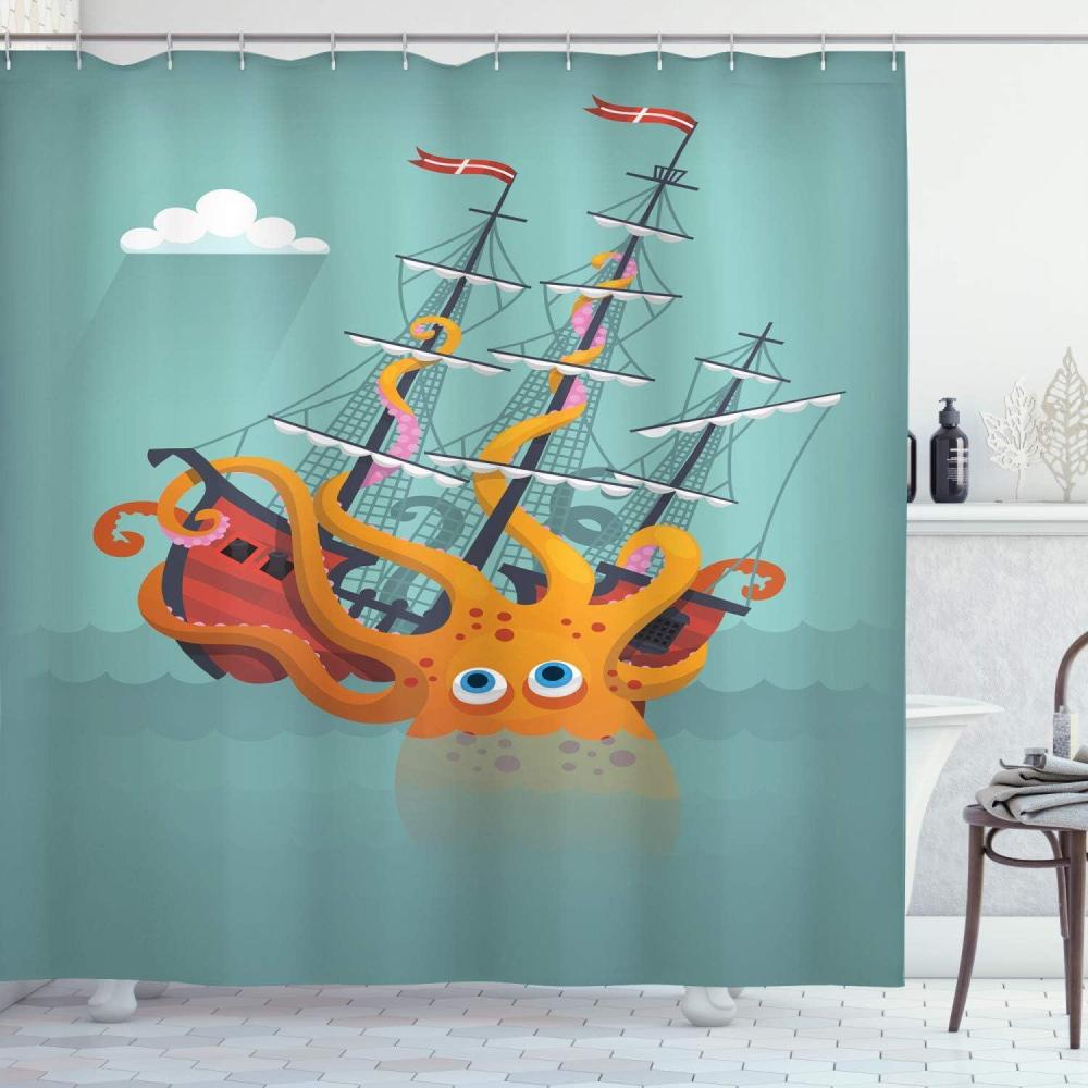 imageAmbesonne Romantic Shower Curtain Couple in Love Walking in The City Streets in Rainy Day Romance Dramatic Urban Scene Cloth Fabric Bathroom Decor Set with Hooks 69 W x 84 L Sepia RedOrange Teal
