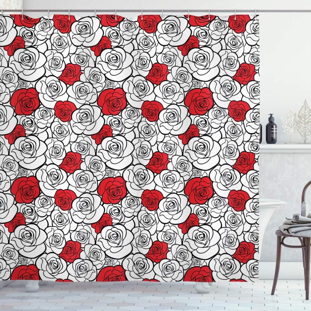 imageAmbesonne Romantic Shower Curtain Roses Simplicity Love Blossoms Valentines Day Print Cloth Fabric Bathroom Decor Set with Hooks 69 W x 84 L Vermilion Black White