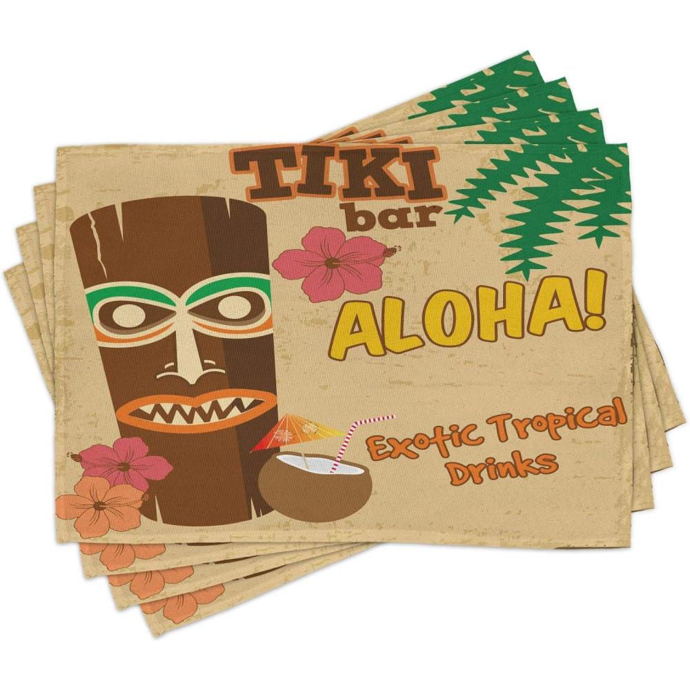 imageAmbesonne Tiki Bar Place Mats Set of 4 Polynesian Tropical Drink Retro Typography and Flora Old Aged Design Washable Fabric Placemats for Dining Table Standard Size Beige Brown