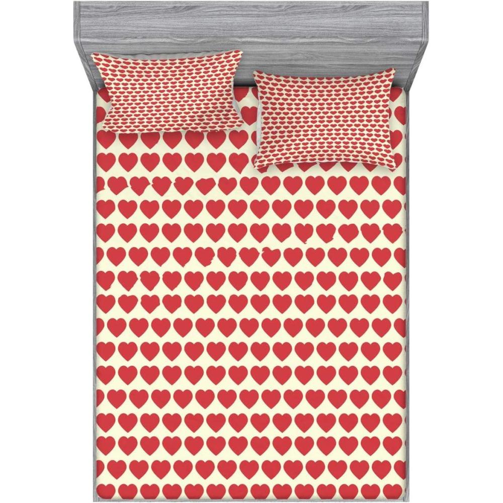 imageAmbesonne Valentine Fitted Sheet amp Pillow Sham Set Vibrant Red Colored Heart Shapes Tile Pattern Romantic in Love Theme Design Decorative and Printed 3 Piece Bedding Set Queen Coral Ivory