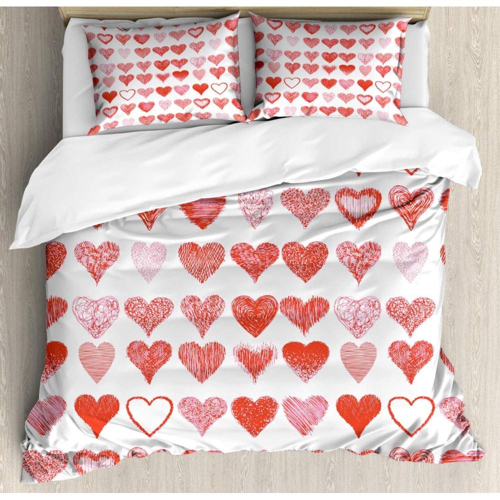 imageAmbesonne Valentines Day Duvet Cover Set Heart of Love and Romance Hand Drawn Style Romantic Art Decorative 3 Piece Bedding Set with 2 Pillow Shams King Size Vermilion Pink White