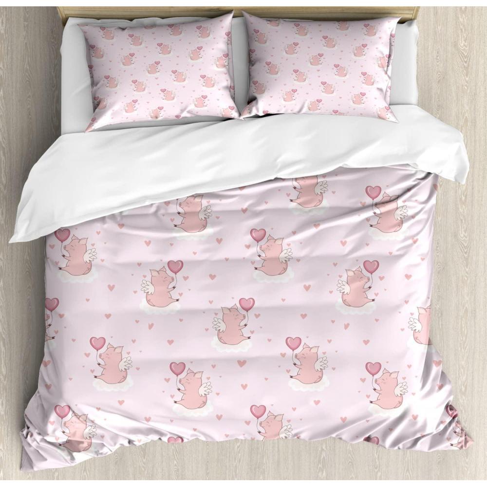 imageAmbesonne Valentines Duvet Cover Set Pastel Winged Cupid Pigs on The Clouds Holding Balloons Romantic Love Theme Decorative 3 Piece Bedding Set with 2 Pillow Shams Twin Size Pale Pink RoseBaby Pink Rose