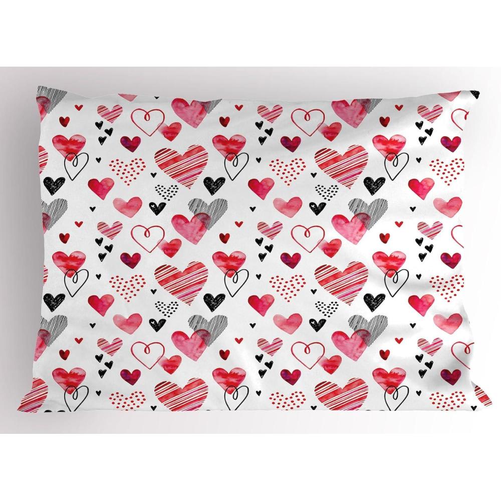 imageAmbesonne Valentines Pillow Sham Doodle Style Hearts with Different Designs Romantic Inspirations for Art Decorative Standard Size Printed Pillowcase 26 X 20 Black Red Pink