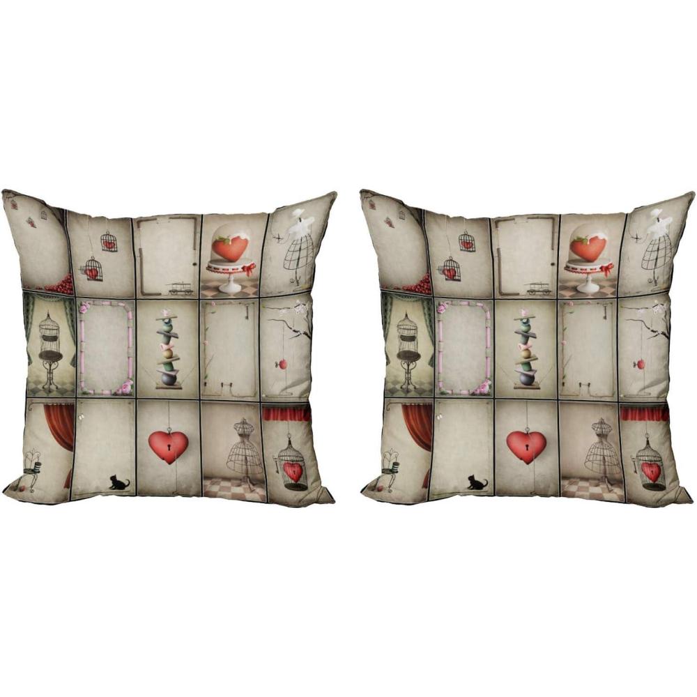 imageAmbesonne Vintage Throw Pillow Cushion Cover Pack of 2 Valentines Day Inspired Hearts in Captivity Retro Elements Dresses and Cat Zippered DoubleSide Digital Print Decor 24 Tan Vermilion Pink24