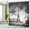 Ambesonne Cars Shower Curtain, Romantic Landscape Famous Eiffel Tower on a Cloudy Day and Vibrant Red Vehicle Print, Cloth Fabric Bathroom Decor Set with Hooks, 69″ W x 70″ L, Red Grey