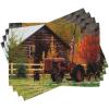 Ambesonne Fall Place Mats Set of 4, Rustic Cabin Rusty Tractor Country Cottage House Seasonal Colors US Flag Loyalty, Washable Fabric Placemats for Dining Table, Standard Size, Orange Green