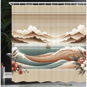 Ambesonne Blue Shower Curtain, Floral Eucalyptus Branches Romantic Botanical Weeping Flowers in Cold Tones, Cloth Fabric Bathroom Decor Set with Hooks, 69″ W x 75″ L, Laurel Green Sea Blue(Tan Sepia and Pale Seafoam)