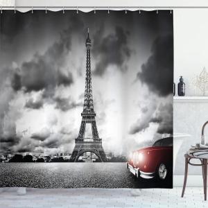 Ambesonne Cars Shower Curtain, Romantic Landscape Famous Eiffel Tower on a Cloudy Day and Vibrant Red Vehicle Print, Cloth Fabric Bathroom Decor Set with Hooks, 69″ W x 70″ L, Red Grey