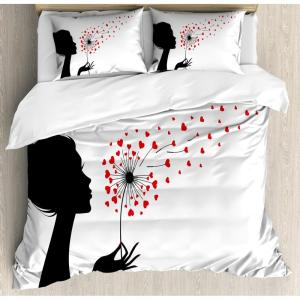 Ambesonne Dandelion Duvet Cover Set, Woman Silhouette Heart Flying Valentines Day Themed, Decorative 3 Piece Bedding Set with 2 Pillow Shams, Queen Size, Vermilion Black White