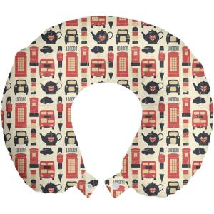 Ambesonne Eiffel Travel Pillow Neck Rest, Romantic Valentines Day Eiffel Tower City of Love Doodle Style Heart Shapes, Memory Foam Traveling Accessory for Airplane and Car, 12″, Maroon White(Vermilion Cream Black)