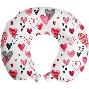 Ambesonne Eiffel Travel Pillow Neck Rest, Romantic Valentines Day Eiffel Tower City of Love Doodle Style Heart Shapes, Memory Foam Traveling Accessory for Airplane and Car, 12″, Maroon White(Black Red Pink)