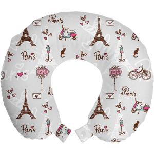 Ambesonne Eiffel Travel Pillow Neck Rest, Romantic Valentines Day Eiffel Tower City of Love Doodle Style Heart Shapes, Memory Foam Traveling Accessory for Airplane and Car, 12″, Maroon White(Redwood Pearl Pink)