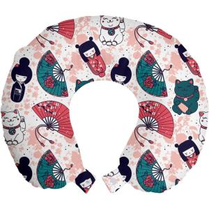 Ambesonne Eiffel Travel Pillow Neck Rest, Romantic Valentines Day Eiffel Tower City of Love Doodle Style Heart Shapes, Memory Foam Traveling Accessory for Airplane and Car, 12″, Maroon White(Blush Multicolor)