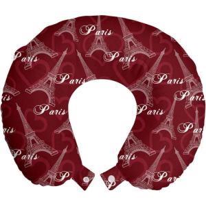 Ambesonne Eiffel Travel Pillow Neck Rest, Romantic Valentines Day Eiffel Tower City of Love Doodle Style Heart Shapes, Memory Foam Traveling Accessory for Airplane and Car, 12″, Maroon White(Maroon White)
