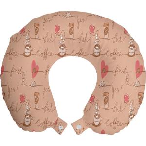 Ambesonne Eiffel Travel Pillow Neck Rest, Romantic Valentines Day Eiffel Tower City of Love Doodle Style Heart Shapes, Memory Foam Traveling Accessory for Airplane and Car, 12″, Maroon White(Pink Brown)