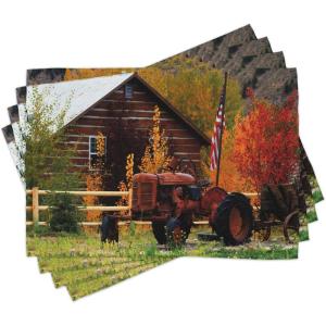 Ambesonne Fall Place Mats Set of 4, Rustic Cabin Rusty Tractor Country Cottage House Seasonal Colors US Flag Loyalty, Washable Fabric Placemats for Dining Table, Standard Size, Orange Green