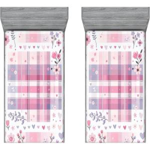 Ambesonne Floral Art Fitted Sheet Set, Modern Scandi Flowers Leaves on Tartan Plaid Back Butterfly Valentine, 2 Pack Comfortable Bedding All-Round Elastic Pocket, Twin Size, Blush White Grey Pink(Multicolor Purple Grey)