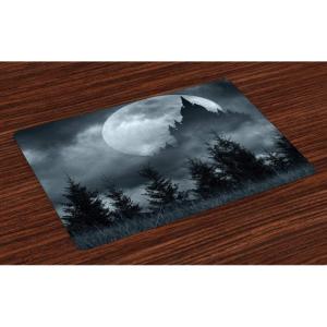 Ambesonne Halloween Place Mats Set of 4, Magic Castle Silhouette Over Full Moon Night Fantasy Landscape Scary Forest, Washable Fabric Placemats for Dining Table, Standard Size, Pale Grey