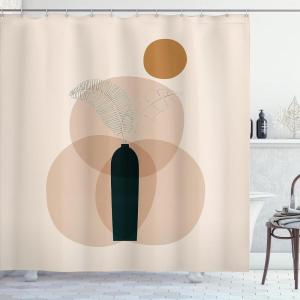 Ambesonne Mid Century Modern Boho Shower Curtain, Simplistic Leaf in a Vase Motif on Abstract Rounds Art, Cloth Fabric Bathroom Decor Set with Hooks, 69″ W x 70″ L, Dark Reseda Green Beige