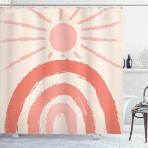 Ambesonne Mid Century Modern Boho Shower Curtain, Sunny Day in Neutral Colors Rainbow Stripes and Sun Art, Cloth Fabric Bathroom Decor Set with Hooks, 69″ W x 105″ L, Coral Blush Eggshell