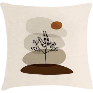 Ambesonne Mid Century Modern Boho Throw Pillow Cushion Cover, Botanical Leafy Tree with Earth Tones Abstract Aura Rounds, Decorative Square Accent Pillow Case, 16″ X 16″, Champagne Chocolate