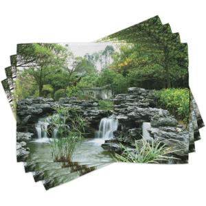 Ambesonne New York Place Mats Set of 4, NYC Exquisite Skyline Manhattan Old Neighborhood Tourist Country Print, Washable Fabric Placemats for Dining Table, Standard Size, Purple and Yellow(Green White)