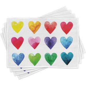 Ambesonne Valentine Place Mats Set of 4, Rainbow Colored Heart Shapes in Watercolors Hand Drawn Romantic Illustration, Washable Fabric Placemats for Dining Table, Standard Size, Pastel Red