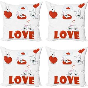 Ambesonne Valentines Day Decorative Throw Pillow Case Pack of 4, Puppy Love Hearts and Dogs His Hers Heart Balloon Romantic Print, Cushion Cover for Couch Living Room Car, 16″, Red White(16″ x 16″ (Pack of 4))