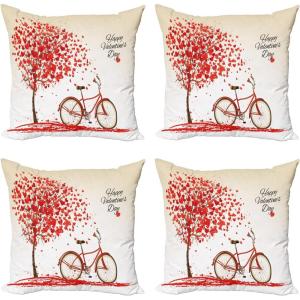 Ambesonne Valentines Day Decorative Throw Pillow Case Pack of 4, Romantic Tree with Blooming Hearts with Bike and Petals Vintage Artwork, Cushion Cover for Couch Living Room Car, 20″, Cream Vermilion(20″)