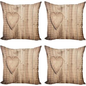 Ambesonne Valentines Day Decorative Throw Pillow Case Pack of 4, Rustic Heart Over Wooden Planks Background Lovers Corner Romantic Celebration Print, Cushion Cover for Couch Living Room Car, 18″, Tan(20″)