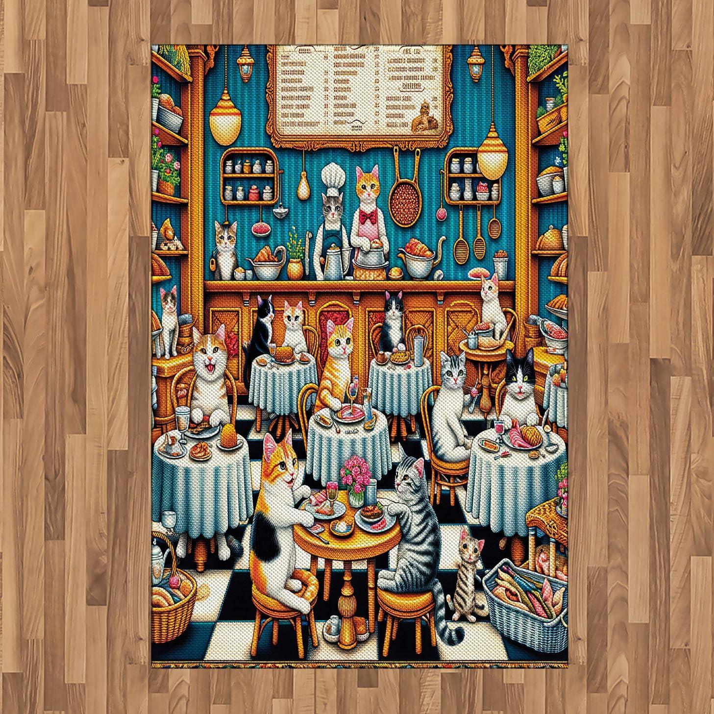 imageAmbesonne Cat Area Rug Romantic Date Night of Kitties Drinking Milkshake Cozy Night Scene Valentines Flat Woven Accent Rug for Living Room Bedroom Dining Room 4 X 5 7 Dark Blue ApricotSea Blue and Marigold