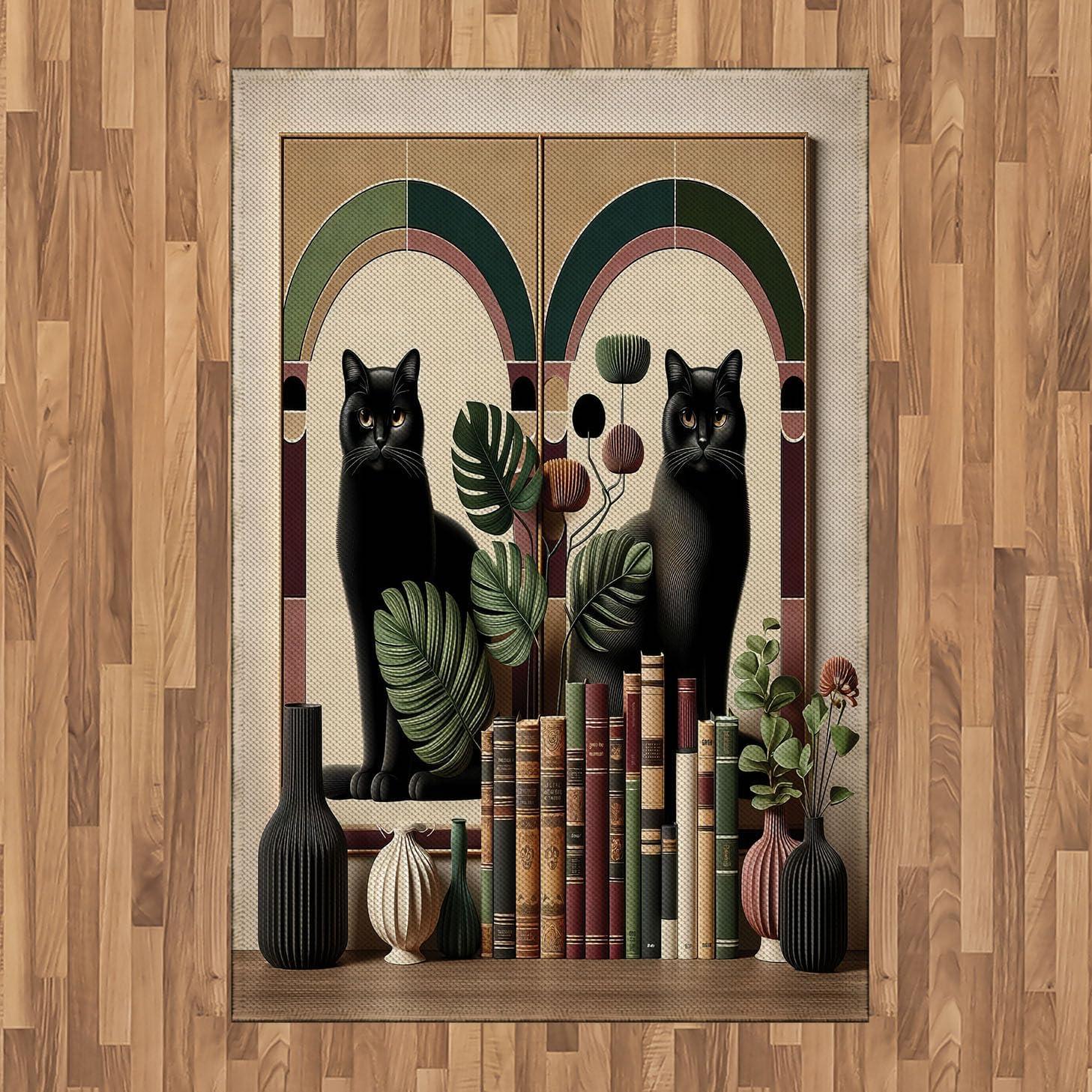imageAmbesonne Cat Area Rug Romantic Date Night of Kitties Drinking Milkshake Cozy Night Scene Valentines Flat Woven Accent Rug for Living Room Bedroom Dining Room 4 X 5 7 Dark Blue ApricotSand Brown Maroon Green