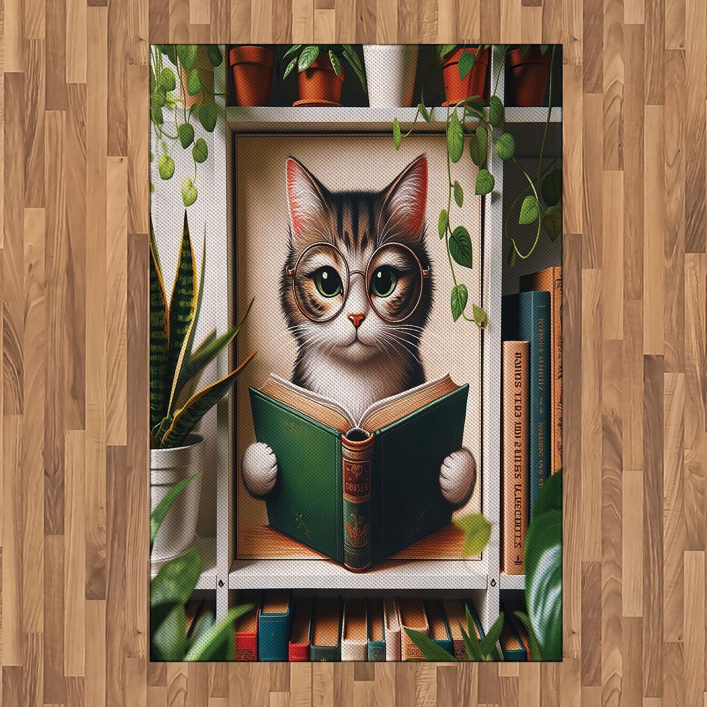 imageAmbesonne Cat Area Rug Romantic Date Night of Kitties Drinking Milkshake Cozy Night Scene Valentines Flat Woven Accent Rug for Living Room Bedroom Dining Room 4 X 5 7 Dark Blue ApricotGreen Paprika Beige