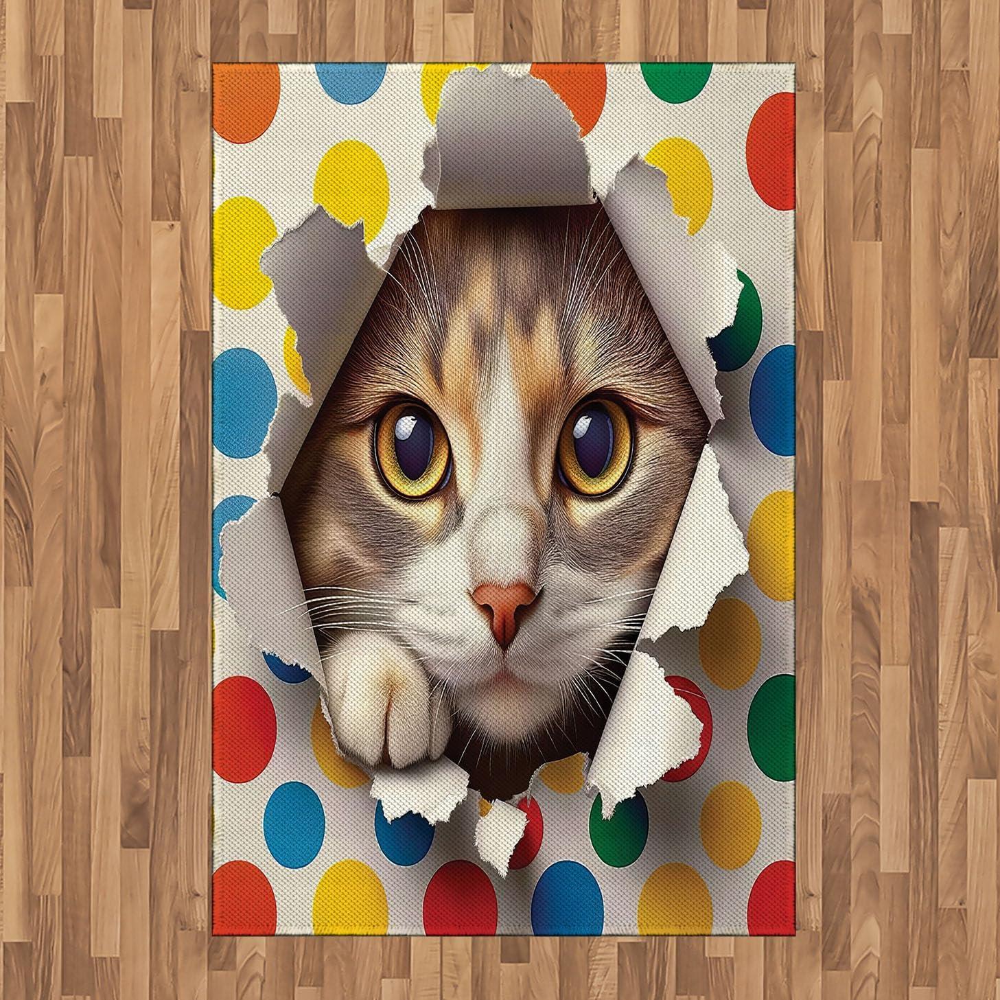 imageAmbesonne Cat Area Rug Romantic Date Night of Kitties Drinking Milkshake Cozy Night Scene Valentines Flat Woven Accent Rug for Living Room Bedroom Dining Room 4 X 5 7 Dark Blue ApricotMulti Color