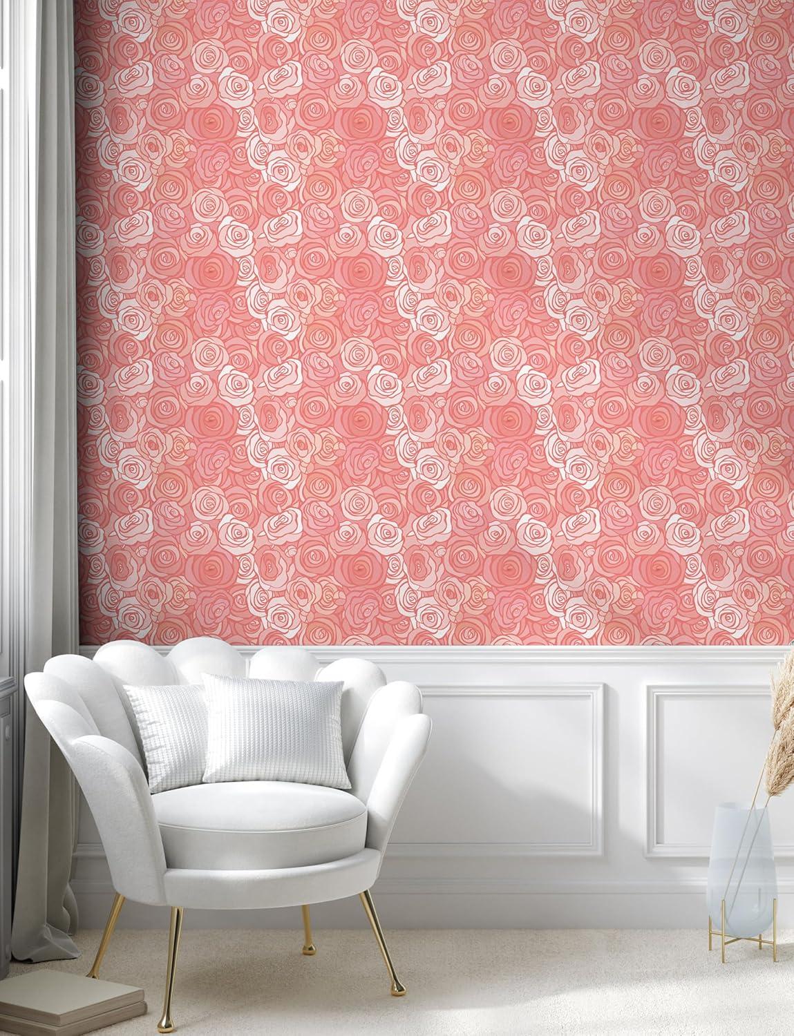 imageAmbesonne Floral Peel amp Stick Wallpaper for Home Romantic Valentines Day Theme Overlapping Simplistic Rose Flowers Art SelfAdhesive Living Room Kitchen Accent 13 x 36 Pale Salmon and Blush